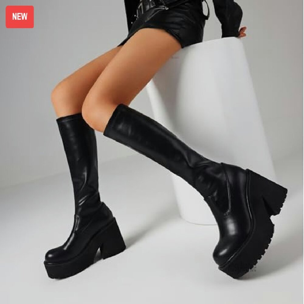 Knee High Platform Combat Boots Elastic Leather Chunky Heel Zipper - Picture 4 of 8